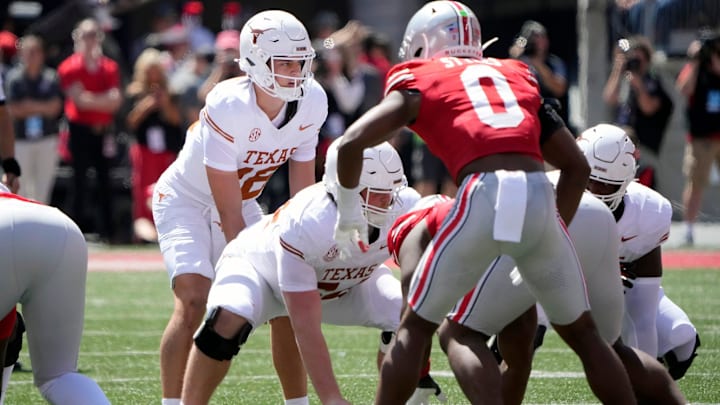 Texas Longhorns quarterback Arch Manning (16) tries to read the Ohio State Buckeyes defense in the second quarter of their game at Ohio Stadium in Columbus, Ohio on Aug 30, 2025.