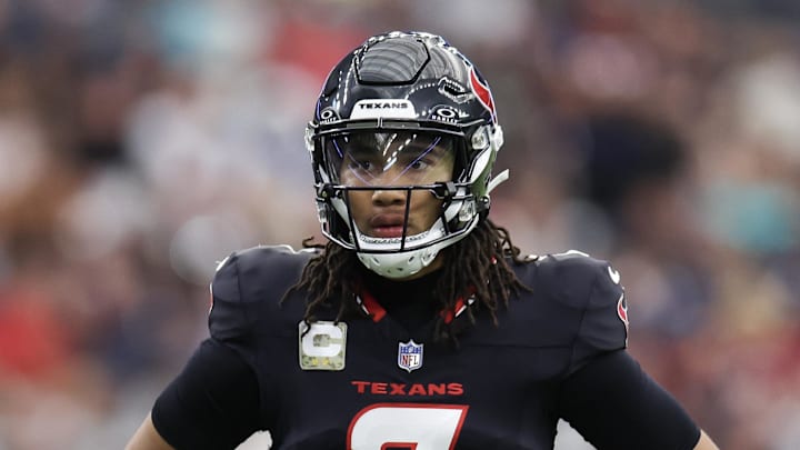 Nov 24, 2024; Houston, Texas, USA; Houston Texans quarterback C.J. Stroud (7) looks on during the two minute warning against the Tennessee Titans in the fourth quarter at NRG Stadium. 