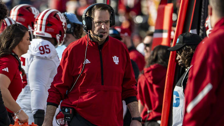 Nov 1, 2025; College Park, Maryland, USA;  Indiana Hoosiers head coach Curt Cignetti walks the sidelines during the first half against the Maryland Terrapins at SECU Stadium. Mandatory Credit: Tommy Gilligan-Imagn Images