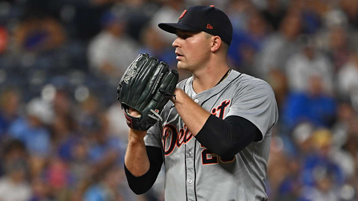 Sep 18, 2024; Kansas City, Missouri, USA;  Detroit Tigers starting pitcher Tarik Skubal (29) looks into home plate before throwing a pitch in the third inning against the Kansas City Royals at Kauffman Stadium.