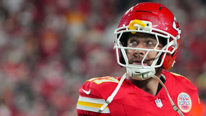 Oct 27, 2025; Kansas City, Missouri, USA; Kansas City Chiefs tight end Travis Kelce (87) reacts after an interception by the Washington Commanders during the second quarter of the game at GEHA Field at Arrowhead Stadium. Mandatory Credit: Denny Medley-Imagn Images