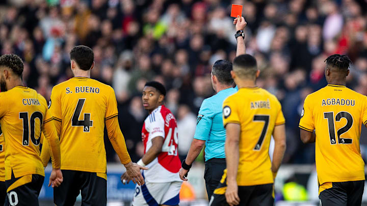 Arsenal defender Myles Lewis-Skelly was given the first red card of his senior career against Wolves for a foul on Matt Doherty.
