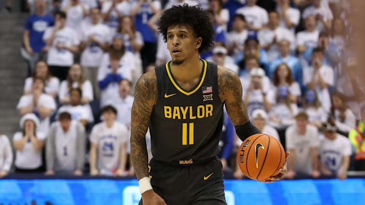 Feb 20, 2024; Provo, Utah, USA; Baylor Bears forward Jalen Bridges (11) looks to pass the ball