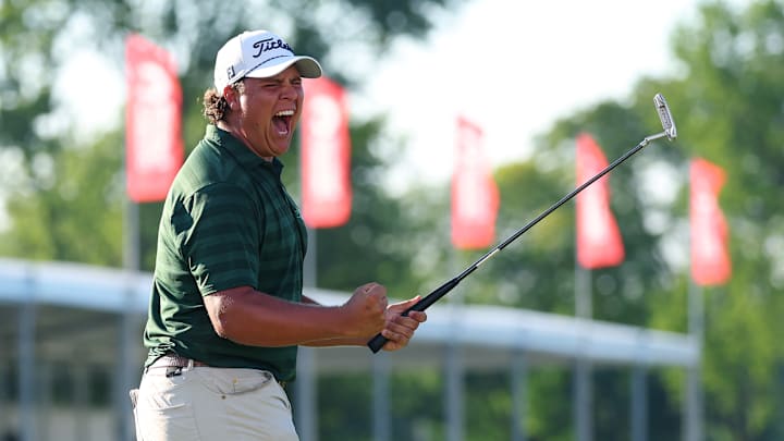 Aldrich Potgieter celebrates after winning the 2025 Rocket Classic at Detroit Golf Club
