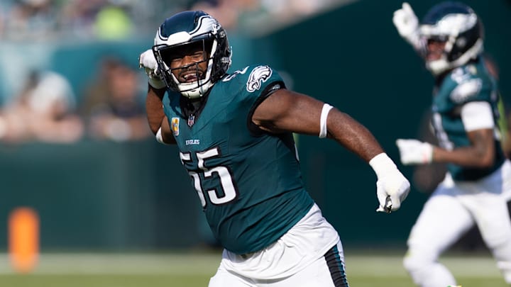 Oct 13, 2024; Philadelphia, Pennsylvania, USA; Philadelphia Eagles defensive end Brandon Graham (55) reacts after a Cleveland Browns blocked field attempt during the third quarter at Lincoln Financial Field. Mandatory Credit: Bill Streicher-Imagn Images Oct 13, 2024; Philadelphia, Pennsylvania, USA; Philadelphia Eagles defensive end Brandon Graham (55) reacts after a Cleveland Browns blocked field attempt during the third quarter at Lincoln Financial Field. Mandatory Credit: Bill Streicher-Imagn Images
