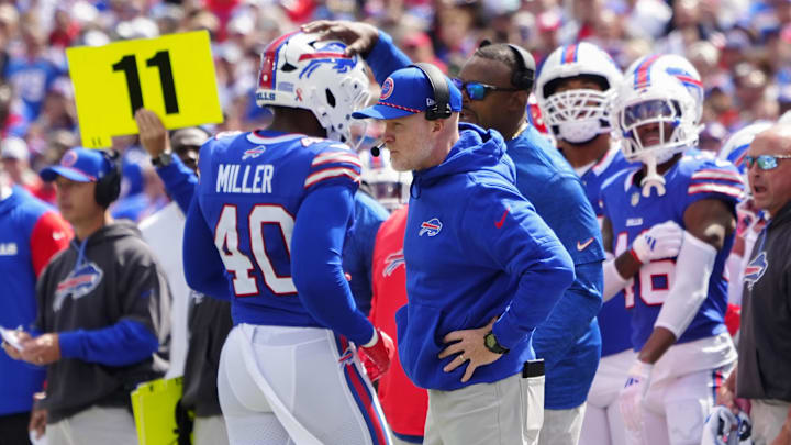 Sep 8, 2024; Orchard Park, New York, USA; Buffalo Bills head coach Sean McDermott speaks with Buffalo Bills linebacker Von Miller (40) during the first half against the Arizona Cardinals at Highmark Stadium. 
