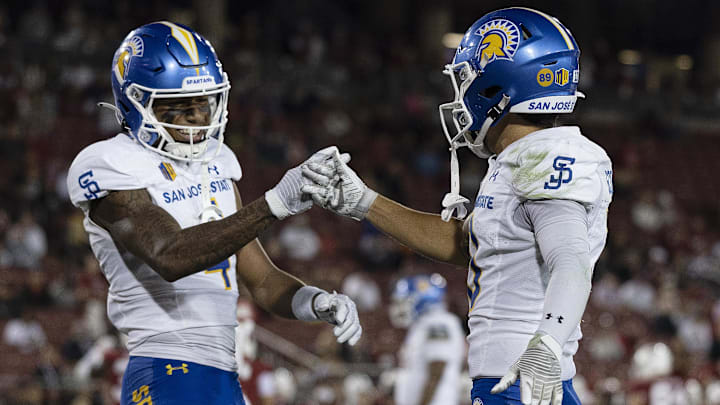 Sep 27, 2025; Stanford, California, USA; San Jose State Spartans wide receiver Kyri Shoels (4) celebrates with wide receiver Danny Scudero (10) during the fourth quarter against the Stanford Cardinal at Stanford Stadium. Mandatory Credit: Stan Szeto-Imagn Images Sep 27, 2025; Stanford, California, USA; San Jose State Spartans wide receiver Kyri Shoels (4) celebrates with wide receiver Danny Scudero (10) during the fourth quarter against the Stanford Cardinal at Stanford Stadium. Mandatory Credit: Stan Szeto-Imagn Images