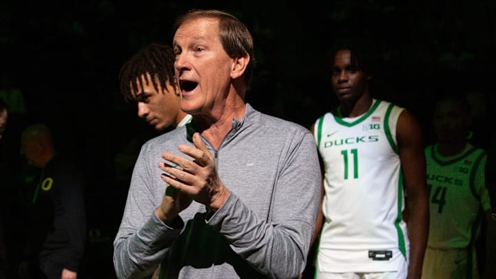Oregon coach Dana Altman gathers his team together before the start of their game against UC Riverside at Matthew Knight Arena in Eugene Monday, Nov. 4, 2024.