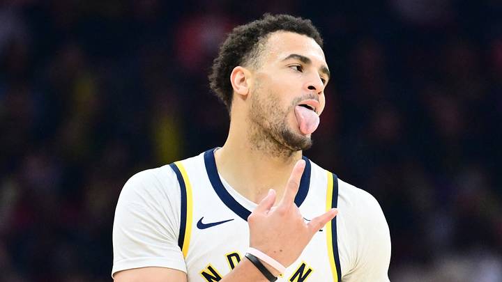 Apr 5, 2026; Cleveland, Ohio, USA; Indiana Pacers forward Jalen Slawson (18) celebrates after hitting a three point basket against the Cleveland Cavaliers during the first half at Rocket Arena. Mandatory Credit: Ken Blaze-Imagn Images