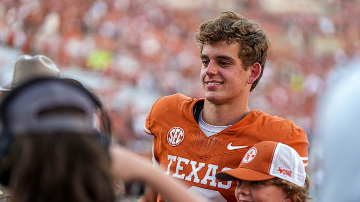 Texas Longhorns quarterback Arch Manning (16) takes a photo with fans after the 35-13 win over Mississippi State at Darrell K Royal-Texas Memorial Stadium in Austin Saturday, Sept. 28, 2024. Texas Longhorns quarterback Arch Manning (16) takes a photo with fans after the 35-13 win over Mississippi State at Darrell K Royal-Texas Memorial Stadium in Austin Saturday, Sept. 28, 2024.