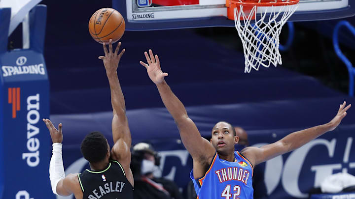 Feb 5, 2021; Oklahoma City, Oklahoma, USA; Oklahoma City Thunder center Al Horford (42) defends a shot by Minnesota Timberwolves guard Malik Beasley (5) during the first half at Chesapeake Energy Arena. Mandatory Credit: Alonzo Adams-Imagn Images Feb 5, 2021; Oklahoma City, Oklahoma, USA; Oklahoma City Thunder center Al Horford (42) defends a shot by Minnesota Timberwolves guard Malik Beasley (5) during the first half at Chesapeake Energy Arena. Mandatory Credit: Alonzo Adams-Imagn Images