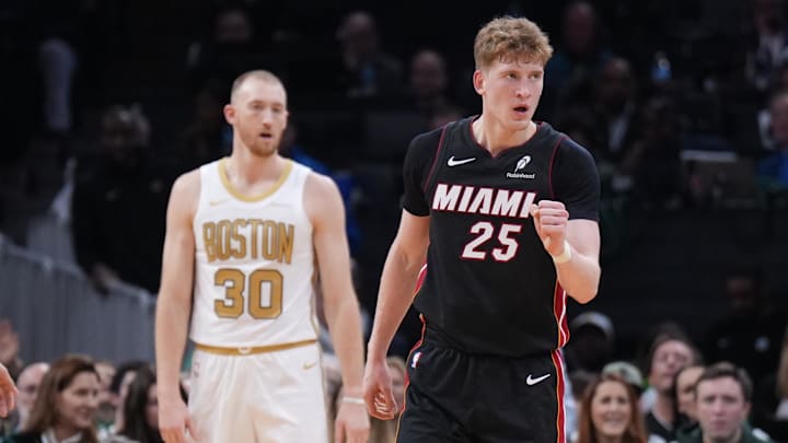 Dec 19, 2025; Boston, Massachusetts, USA; Miami Heat guard Kasparas Jakucionis (25) reacts after a play againstteh Boston Celtics in the first quarter at TD Garden. Mandatory Credit: David Butler II-Imagn Images
