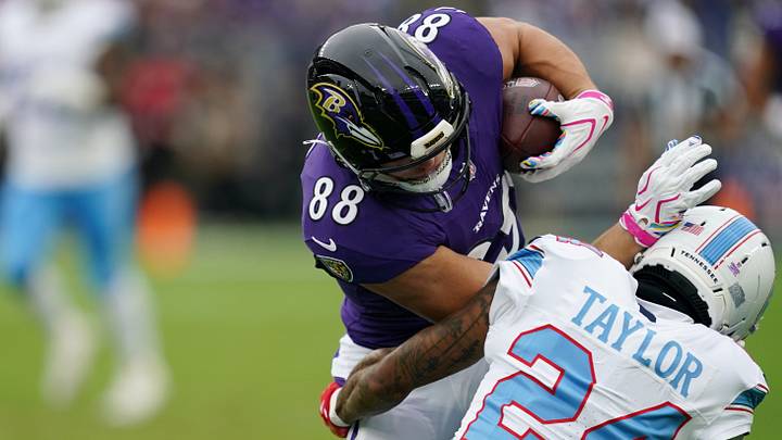 Oct 4, 2026; Baltimore, Maryland, USA; Baltimore Ravens tight end Matt Hibner (88) is tackled by Tennessee Titans cornerback Alontae Taylor (24) during the second quarter at M&T Bank Stadium. Mandatory Credit: Mitch Stringer-Imagn Images Oct 4, 2026; Baltimore, Maryland, USA; Baltimore Ravens tight end Matt Hibner (88) is tackled by Tennessee Titans cornerback Alontae Taylor (24) during the second quarter at M&T Bank Stadium. Mandatory Credit: Mitch Stringer-Imagn Images