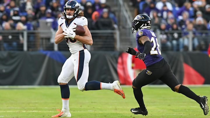 Dec 4, 2022; Baltimore, Maryland, USA;Denver Broncos tight end Greg Dulcich (80) runs after tthcatch during the second half against the Baltimore Ravens at M&T Bank Stadium. Mandatory Credit: Tommy Gilligan-Imagn Images Dec 4, 2022; Baltimore, Maryland, USA;Denver Broncos tight end Greg Dulcich (80) runs after tthcatch during the second half against the Baltimore Ravens at M&T Bank Stadium. Mandatory Credit: Tommy Gilligan-Imagn Images
