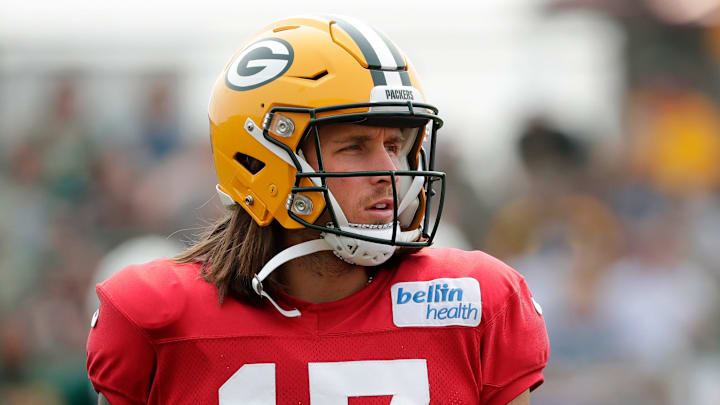 Green Bay Packers quarterback Alex McGough (17) pictured during training camp on Aug. 1, 2023, in Ashwaubenon, Wis.