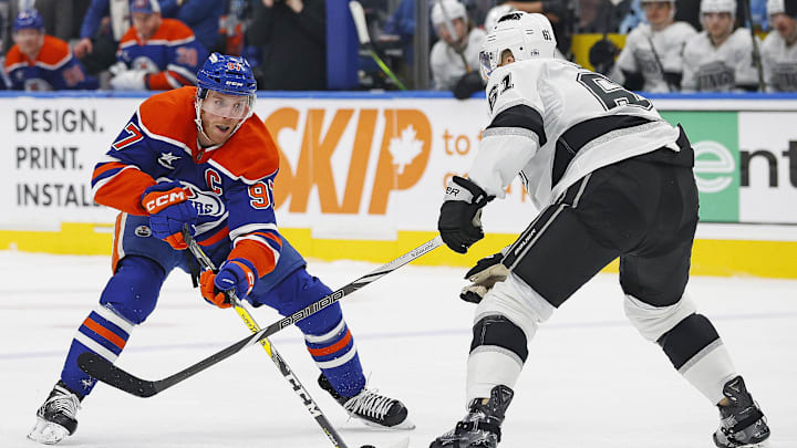 Edmonton Oilers forward Connor McDavid skates against Los Angeles Kings forward Trevor Lewis
