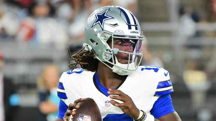 Dallas Cowboys quarterback Joe Milton III (10) drops back to pass in the first half against the Arizona Cardinals at State Farm Stadium.  