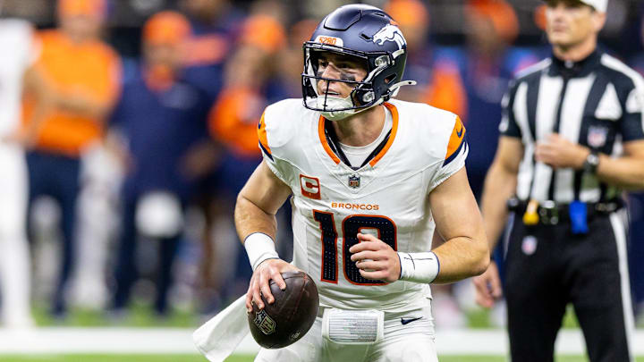 Oct 17, 2024; New Orleans, Louisiana, USA; Denver Broncos quarterback Bo Nix (10) looks to pas downfield against the New Orleans Saints during the first half at Caesars Superdome. Oct 17, 2024; New Orleans, Louisiana, USA; Denver Broncos quarterback Bo Nix (10) looks to pas downfield against the New Orleans Saints during the first half at Caesars Superdome.