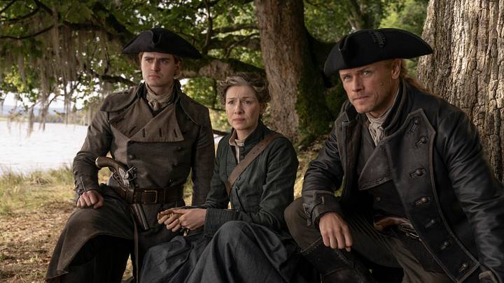 Charles Vandervaart (“William Ransom”), Caitríona Balfe (“Claire Fraser”), and Sam Heughan (“Jamie Fraser”) in Outlander season 8 Episode 9 Charles Vandervaart (“William Ransom”), Caitríona Balfe (“Claire Fraser”), and Sam Heughan (“Jamie Fraser”) in Outlander season 8 Episode 9
