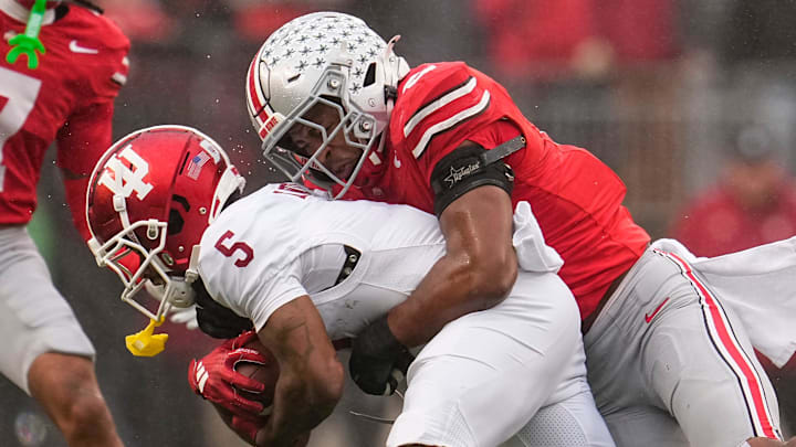 Ohio State Buckeyes safety Sonny Styles (6) tackles Indiana Hoosiers wide receiver Ke'Shawn Williams (5) during the NCAA football game at Ohio Stadium in Columbus on Monday, Nov. 25, 2024. Ohio State won 38-15.