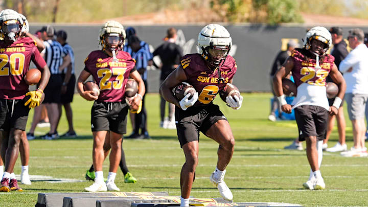 Arizona State running back Kanye Udoh (6) during spring football practice at Kajikawa practice fields in Tempe on Tuesday, March 25, 2025. Arizona State running back Kanye Udoh (6) during spring football practice at Kajikawa practice fields in Tempe on Tuesday, March 25, 2025.