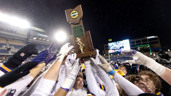 Avon celebrates their win over Cincinnati Anderson in their Div. II state championship game at Canton's Tom Benson Hall of Fame Stadium Thursday December 6, 2024.