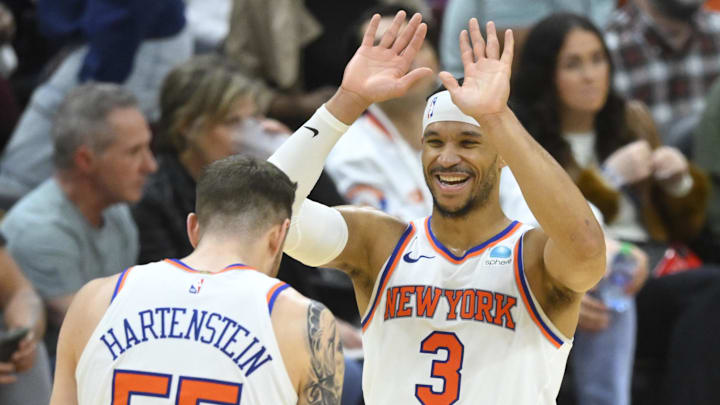 Mar 3, 2024; Cleveland, Ohio, USA; New York Knicks guard Josh Hart (3) and center Isaiah Hartenstein