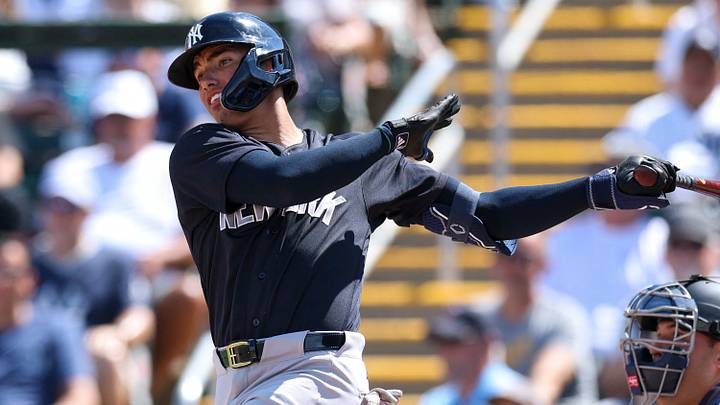 Feb 27, 2026; Fort Myers, Florida, USA; New York Yankees shortstop George Lombard Jr. (96) hits a two-rbi single against the Minnesota Twins in the first inning during spring training at Lee Health Sports Complex/Hammond Stadium. Mandatory Credit: Nathan Ray Seebeck-Imagn Images