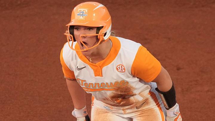 Tennessee's Ella Dodge (25) celebrates after hitting a double during an NCAA college softball game against Alabama in Knoxville, Tennessee, on April 27, 2026. Tennessee's Ella Dodge (25) celebrates after hitting a double during an NCAA college softball game against Alabama in Knoxville, Tennessee, on April 27, 2026.