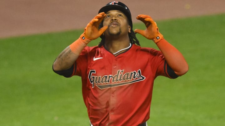 Sep 25, 2024; Cleveland, Ohio, USA; Cleveland Guardians third baseman Jose Ramirez (11) celebrates his three-run home run in the eighth inning against the Cincinnati Reds at Progressive Field. Mandatory Credit: David Richard-Imagn Images Sep 25, 2024; Cleveland, Ohio, USA; Cleveland Guardians third baseman Jose Ramirez (11) celebrates his three-run home run in the eighth inning against the Cincinnati Reds at Progressive Field. Mandatory Credit: David Richard-Imagn Images