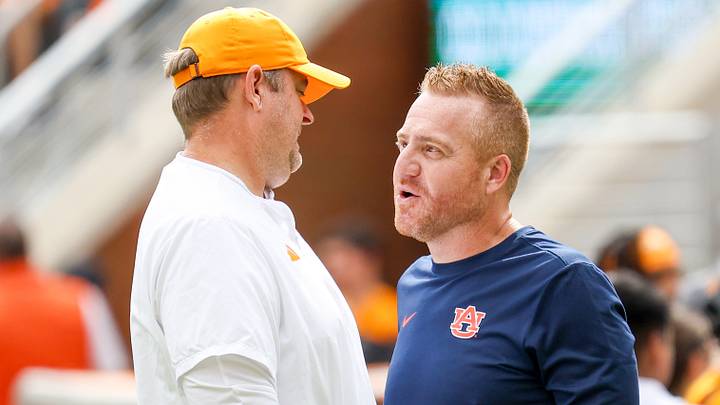 Oct 3, 2026; Knoxville, Tennessee, USA; Tennessee Volunteers head coach Josh Heupel and Auburn Tigers head coach Alex Golesh speak before the game at Neyland Stadium. Mandatory Credit: Randy Sartin-Imagn Images Oct 3, 2026; Knoxville, Tennessee, USA; Tennessee Volunteers head coach Josh Heupel and Auburn Tigers head coach Alex Golesh speak before the game at Neyland Stadium. Mandatory Credit: Randy Sartin-Imagn Images