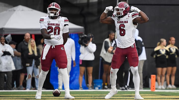 Nov 9, 2024; Nashville, Tennessee, USA;  South Carolina Gamecocks tight end celebrates the touchdown of tight end Michael Smith (20) against the Vanderbilt Commodores during the first half at FirstBank Stadium. Mandatory Credit: Steve Roberts-Imagn Images