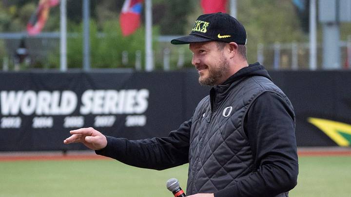 Oregon football coach Dan Lanning introduces the song “Shout” during the Ducks' game against Oregon State at Jane Sanders Stadium in Eugene April 22, 2026.