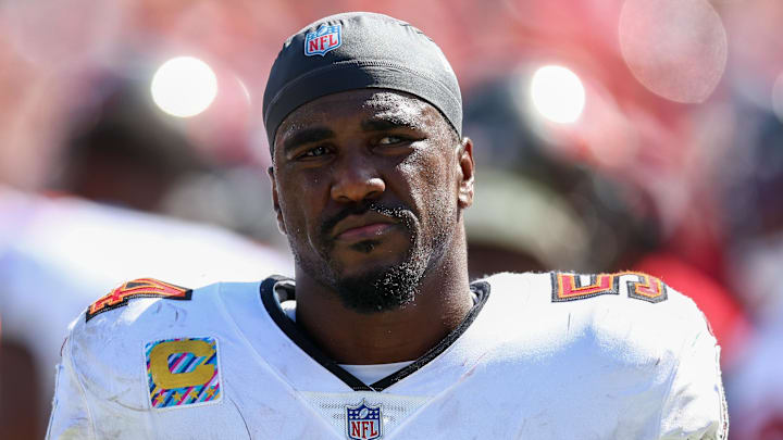 Sep 29, 2024; Tampa, Florida, USA; Tampa Bay Buccaneers linebacker Lavonte David (54) looks on against the Philadelphia Eagles in the third quarter at Raymond James Stadium. Mandatory Credit: Nathan Ray Seebeck-Imagn Images