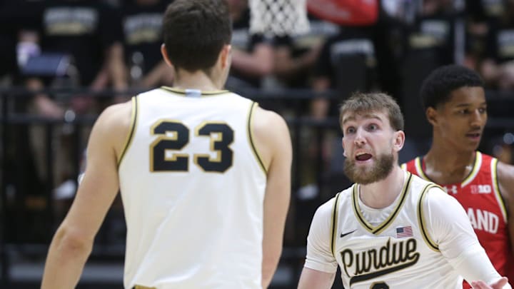 Purdue Boilermakers guard Braden Smith (3) talks to Purdue Boilermakers forward Camden Heide (23) Sunday, Dec. 8, 2024, during the NCAA men’s basketball game against the Maryland Terrapins at Mackey Arena in West Lafayette, Ind. Purdue Boilermakers guard Braden Smith (3) talks to Purdue Boilermakers forward Camden Heide (23) Sunday, Dec. 8, 2024, during the NCAA men’s basketball game against the Maryland Terrapins at Mackey Arena in West Lafayette, Ind.