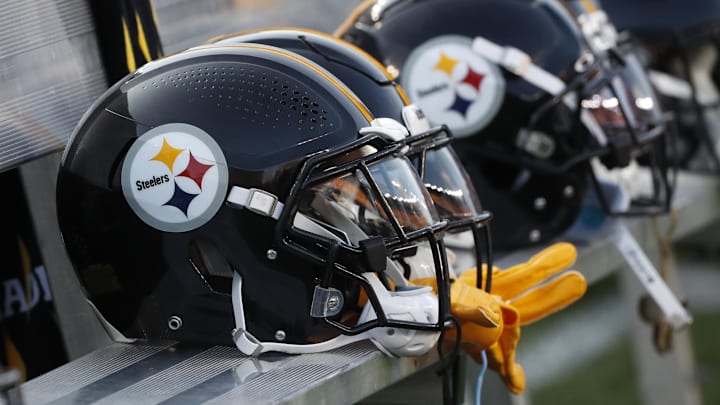 Aug 9, 2024; Pittsburgh, Pennsylvania, USA; Pittsburgh Steelers helmets on the bench during the game against the Houston Texans during the first quarter at Acrisure Stadium. Mandatory Credit: Charles LeClaire-Imagn Images Aug 9, 2024; Pittsburgh, Pennsylvania, USA; Pittsburgh Steelers helmets on the bench during the game against the Houston Texans during the first quarter at Acrisure Stadium. Mandatory Credit: Charles LeClaire-Imagn Images