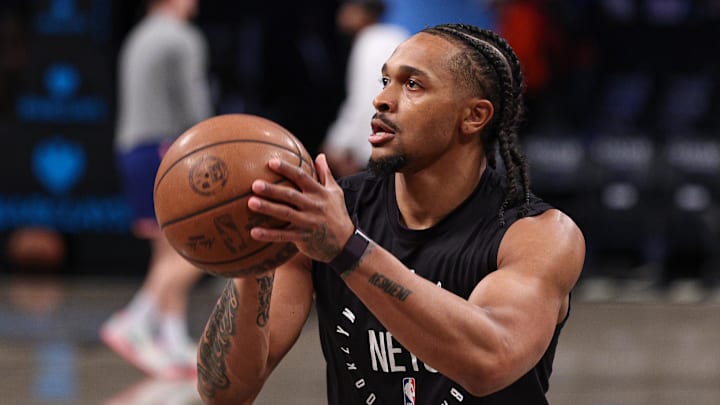 Apr 13, 2025; Brooklyn, New York, USA; Brooklyn Nets guard Tyson Etienne (10) warms up before the game against the New York Knicks at Barclays Center. Mandatory Credit: Vincent Carchietta-Imagn Images Apr 13, 2025; Brooklyn, New York, USA; Brooklyn Nets guard Tyson Etienne (10) warms up before the game against the New York Knicks at Barclays Center. Mandatory Credit: Vincent Carchietta-Imagn Images