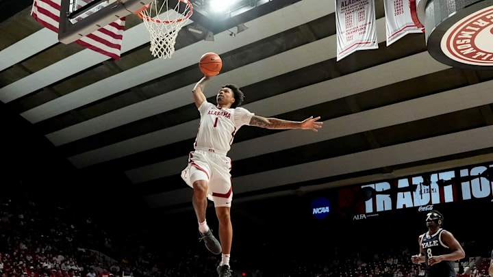 Dec 29, 2025; Tuscaloosa, AL, USA; Alabama guard Jalil Bethea (1) gets a breakaway dunk against Yale at Coleman Coliseum. Mandatory Credit: Gary Cosby Jr.-Tuscaloosa News