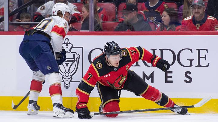 Apr 9, 2026; Ottawa, Ontario, CAN; Ottawa Senators left wing Brady Tkachuk (7) falls after battling with Florida Panthers center Jesper Boqvist (70) in the first period at the Canadian Tire Centre. Mandatory Credit: Marc DesRosiers-IMAGN Images