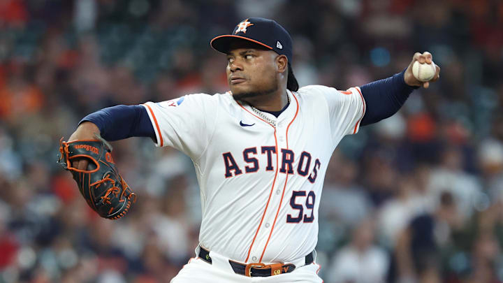 Oct 1, 2024; Houston, Texas, USA; Houston Astros pitcher Framber Valdez (59) throws a pitch in the first inning against the Detroit Tigers in game one of the Wild Card round for the 2024 MLB Playoffs at Minute Maid Park. Oct 1, 2024; Houston, Texas, USA; Houston Astros pitcher Framber Valdez (59) throws a pitch in the first inning against the Detroit Tigers in game one of the Wild Card round for the 2024 MLB Playoffs at Minute Maid Park.