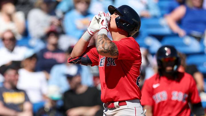 Mar 6, 2025; Dunedin, Florida, USA; Boston Red Sox shortstop Mikey Romero (22) celebrates after hitting a home run against the Toronto Blue Jays in the fourth inning during spring training at TD Ballpark. Mandatory Credit: Nathan Ray Seebeck-Imagn Images