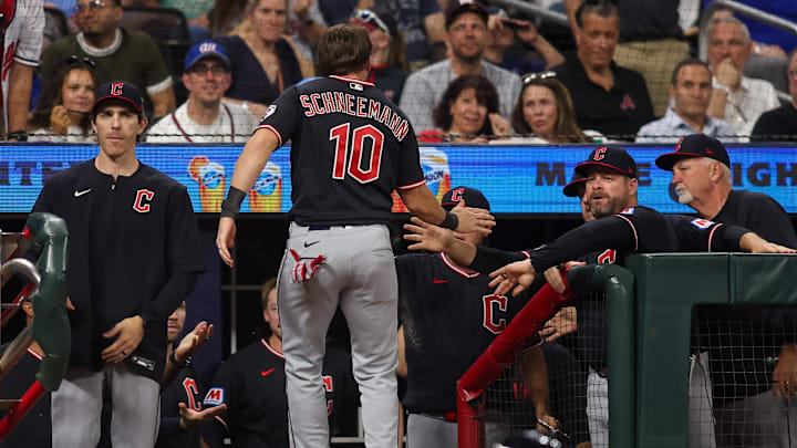 Apr 11, 2026; Atlanta, Georgia, USA; Cleveland Guardians second baseman Daniel Schneemann (10) celebrates with manager Stephen Vogt (12) after scoring a run against the Atlanta Braves in the eighth inning at Truist Park. Mandatory Credit: Brett Davis-Imagn Images