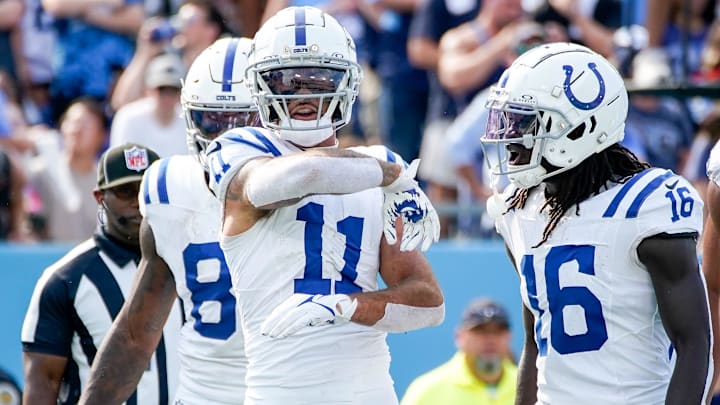 Indianapolis Colts wide receiver Michael Pittman Jr. (11) celebrates his touchdown against the Tennessee Titans during the fourth quarter at Nissan Stadium in Nashville, Tenn., Sunday, Oct. 13, 2024.
