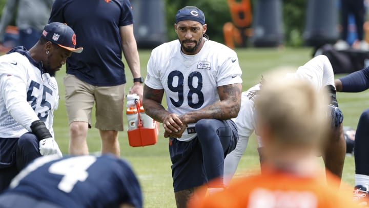Montez Sweat goes through stretching at Bears minicamp. Sweat is obviously their threat on the edge but he needs help. Montez Sweat goes through stretching at Bears minicamp. Sweat is obviously their threat on the edge but he needs help.