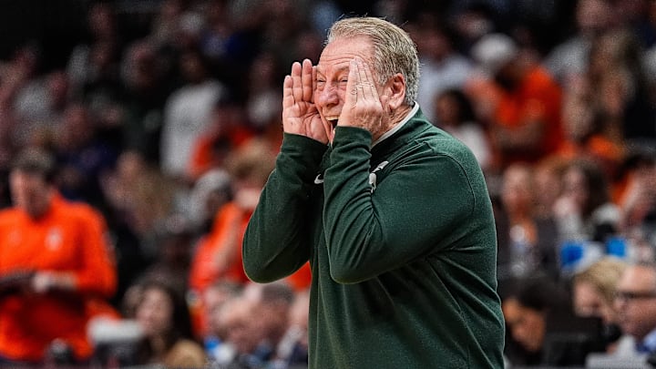 Michigan State head coach Tom Izzo reacts to a play against Auburn during the second half of the Elite Eight round of NCAA tournament at State Farm Arena in Atlanta, Ga. on Sunday, March 30, 2025.