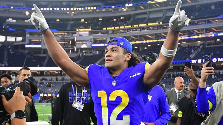 Dec 14, 2025; Inglewood, California, USA; Los Angeles Rams wide receiver Puka Nacua (12) celebrates after defeating the Detroit Lions at SoFi Stadium. Mandatory Credit: Gary A. Vasquez-Imagn Images