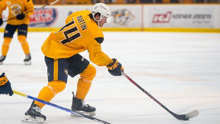 Gold team forward Brady Martin (44) skates with the puck during the Future Stars Game at the Ford Ice Center Bellevue in Nashville, Tenn., Saturday, July 5, 2025.