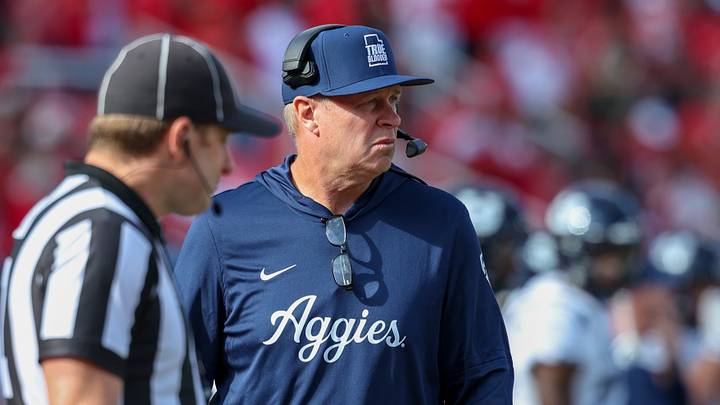 Sep 19, 2026; Salt Lake City, Utah, USA; Utah State Aggies head coach Bronco Mendenhall. Sep 19, 2026; Salt Lake City, Utah, USA; Utah State Aggies head coach Bronco Mendenhall.