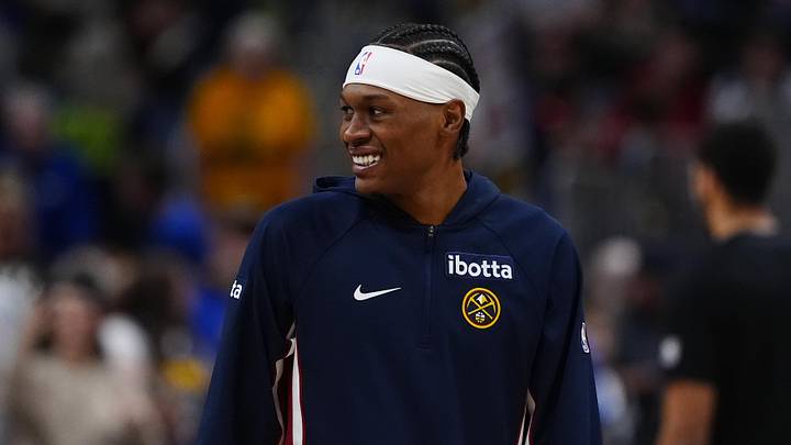 Mar 22, 2026; Denver, Colorado, USA; Denver Nuggets guard Peyton Watson (8) smiles before the game against the Portland Trail Blazers at Ball Arena. Mandatory Credit: Ron Chenoy-Imagn Images