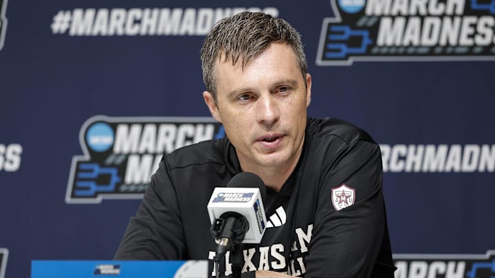 Texas A&M Aggies head coach Bucky McMillan speaks to the media during a press conference ahead of the first round of the men's 2026 NCAA Tournament at Paycom Center. 